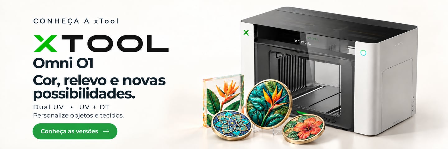 Conheça a xTool Omni O1: cor, relevo e novas possibilidades. Versões Dual UV e UV + DT para personalizar objetos e tecidos. Conheça as versões.