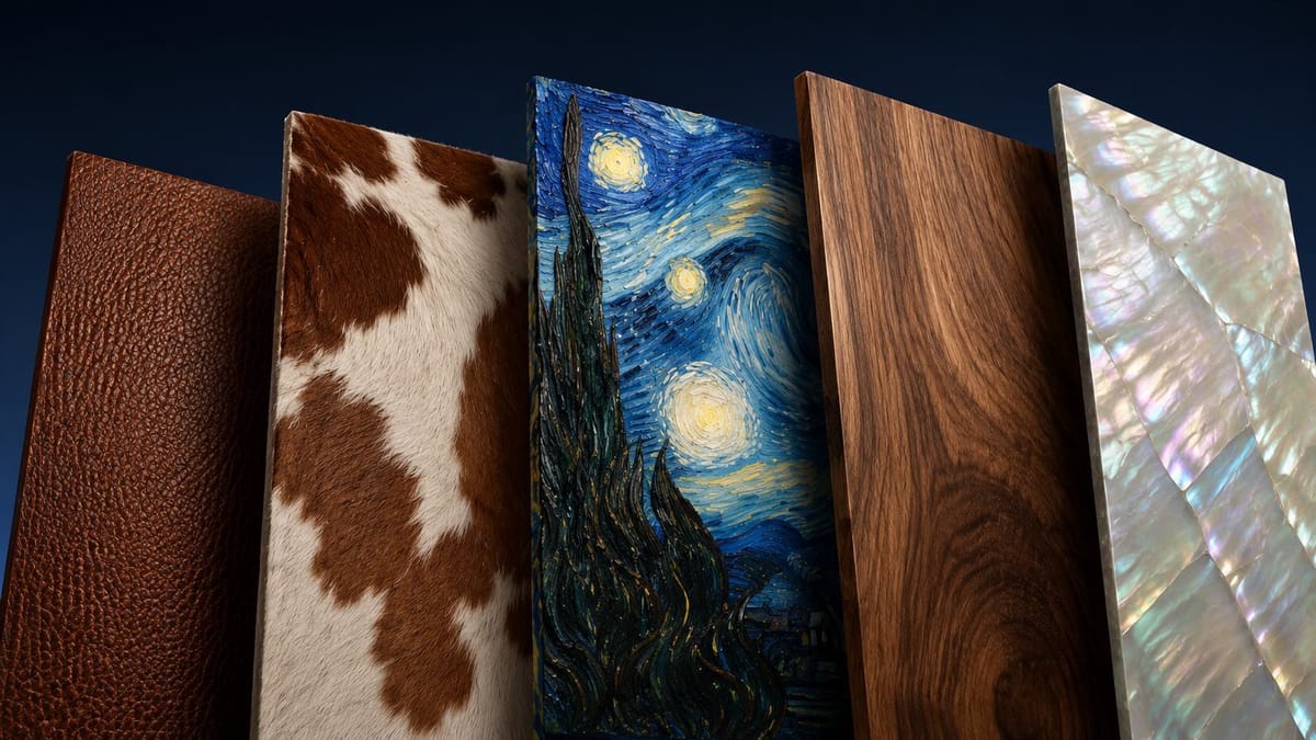 Placas impressas com texturas de couro, madeira e pintura